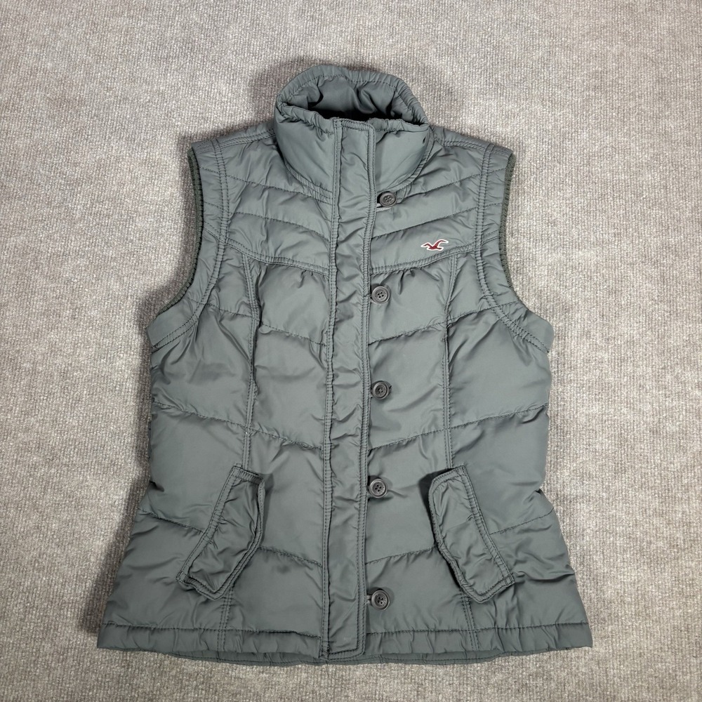 Vintage Hollister Vest Womens L Full Zip‎ Gray Down Puffer Logo Pockets Preppy